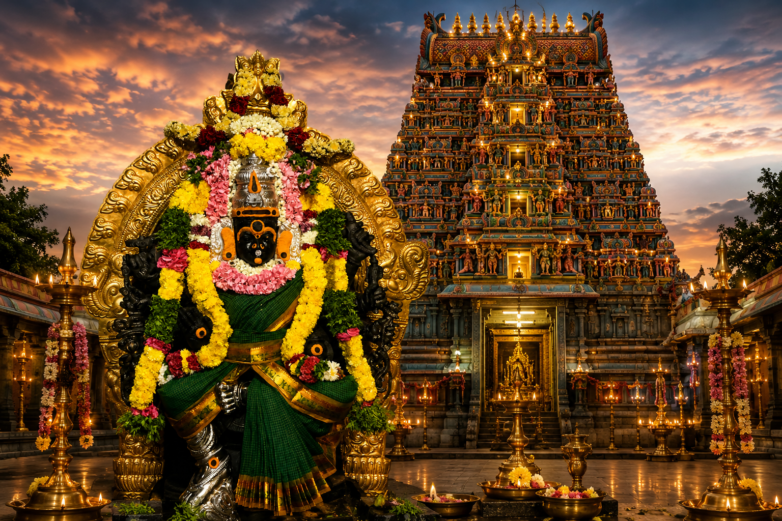 மாலைப் பொழுதில் ஒளிரும் அருள்மிகு தேவி முத்து கருமாரியம்மன் திருக்கோயில் கோபுரம்